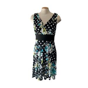 Cleo Womens Polka Dot Floral Empire Waist V-Neck Dress Black Teal Size 10